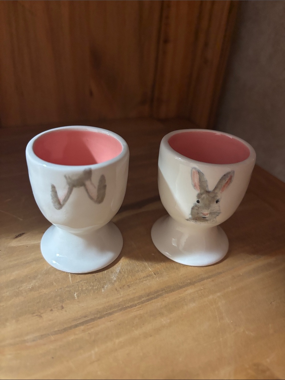 Rae Dunn White Ceramic Bunny Egg Cups with Pink Interior